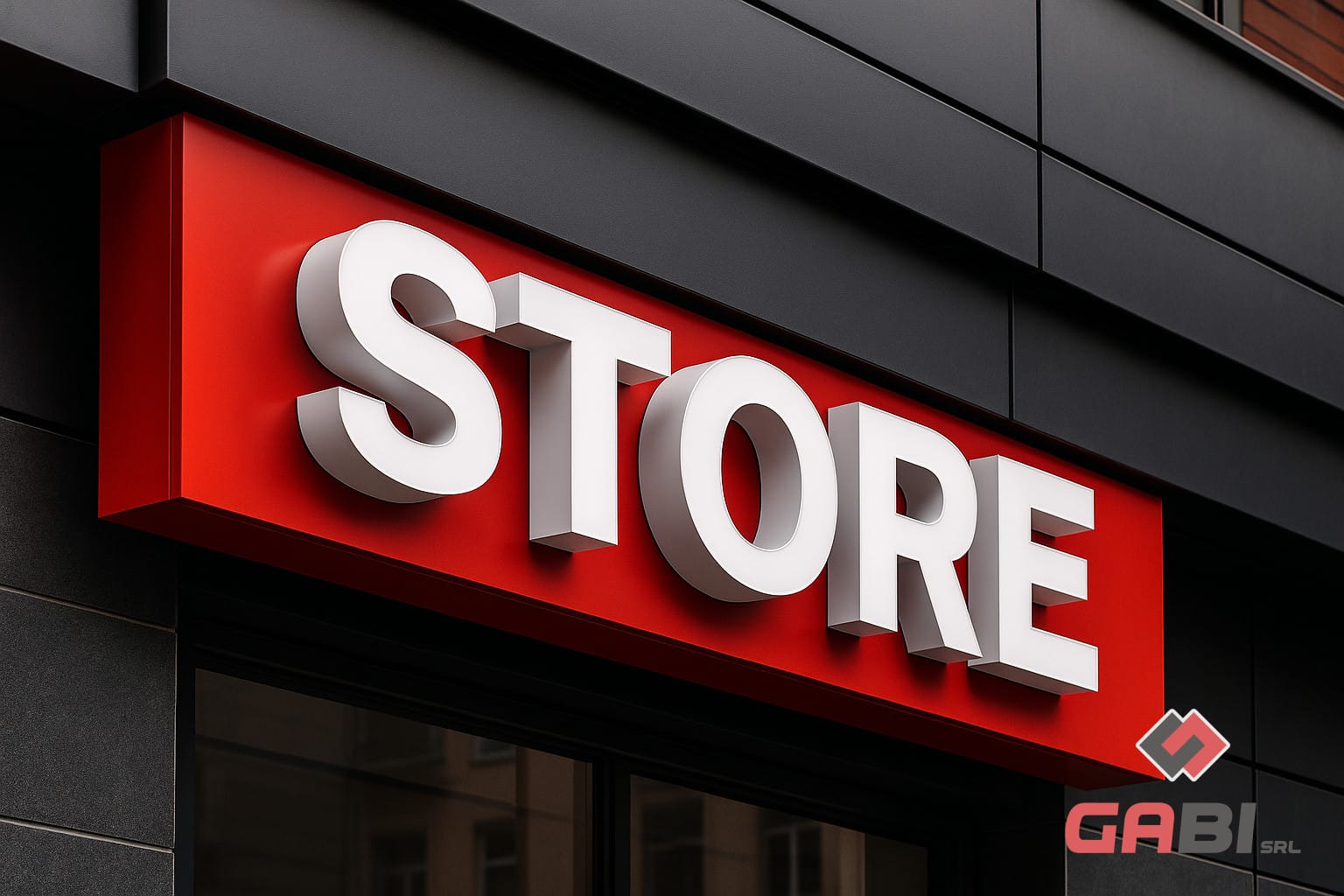 Insegna di un negozio con la scritta STORE in 3D