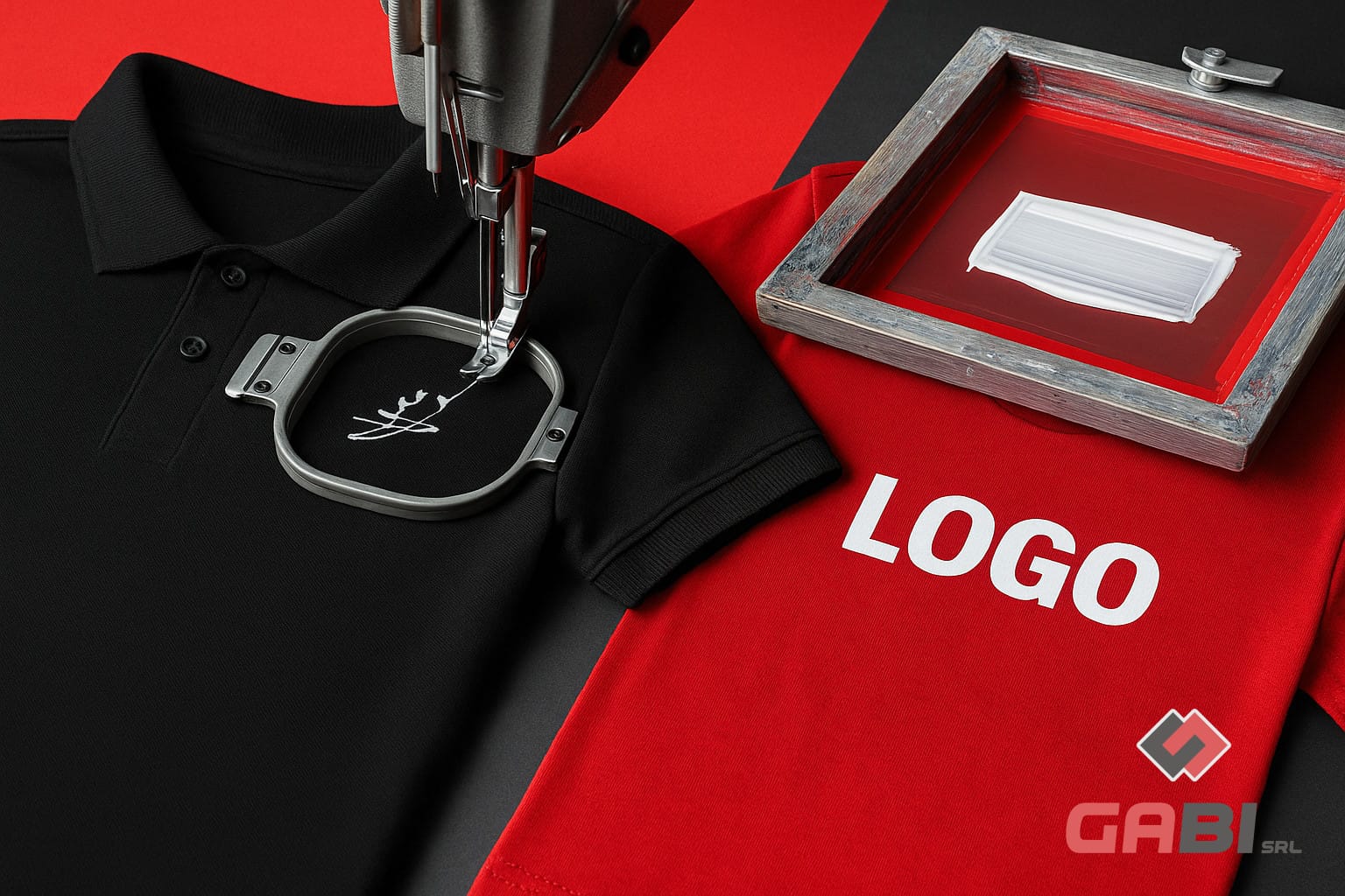 Macchina per ricamo su polo nera e maglietta rossa con logo.