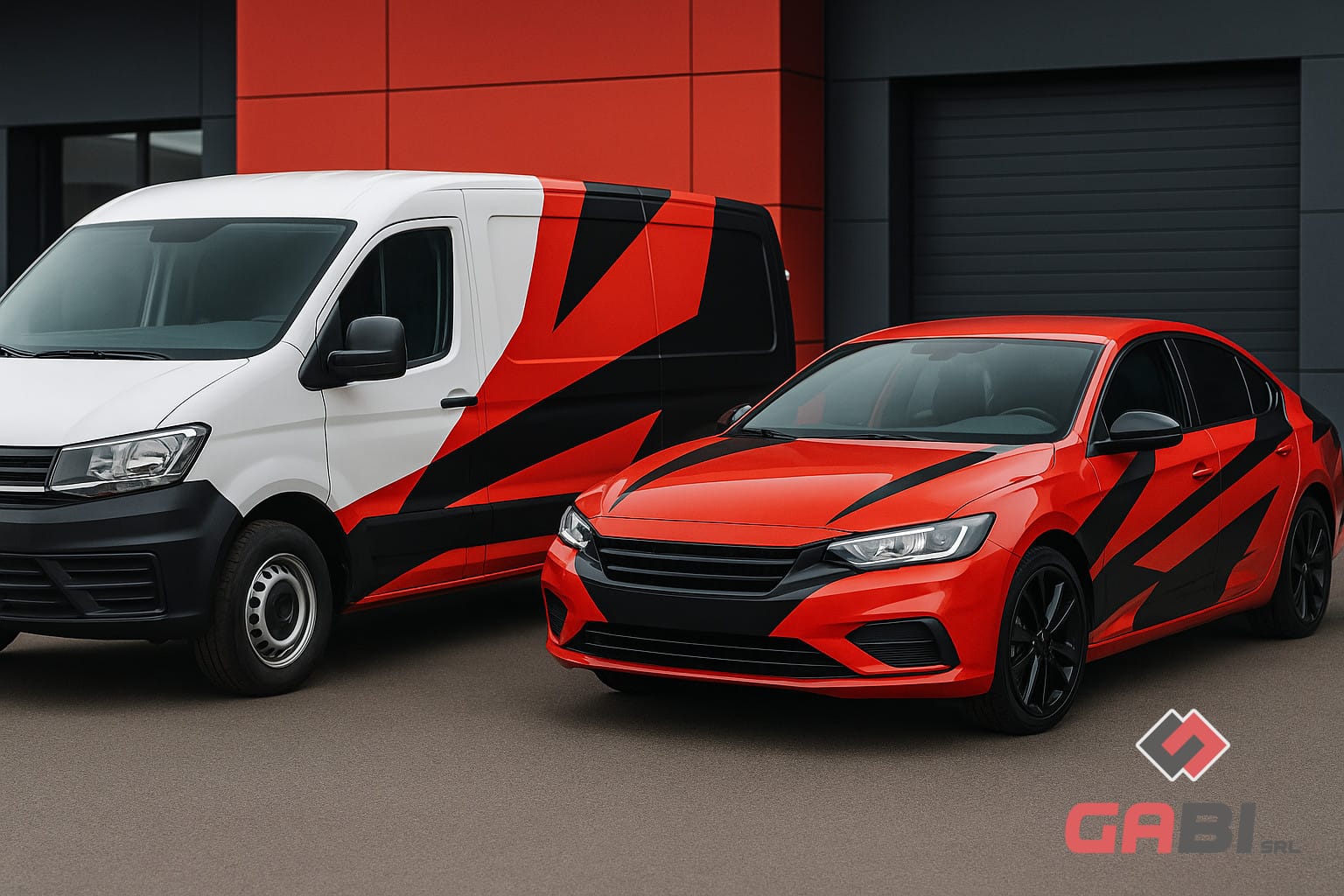 Furgone e auto sportiva con grafica rossa e nera
